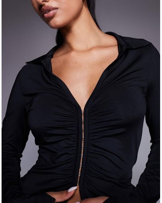ASOS Blue Slinky Ruched Hook And Eye Longline Top