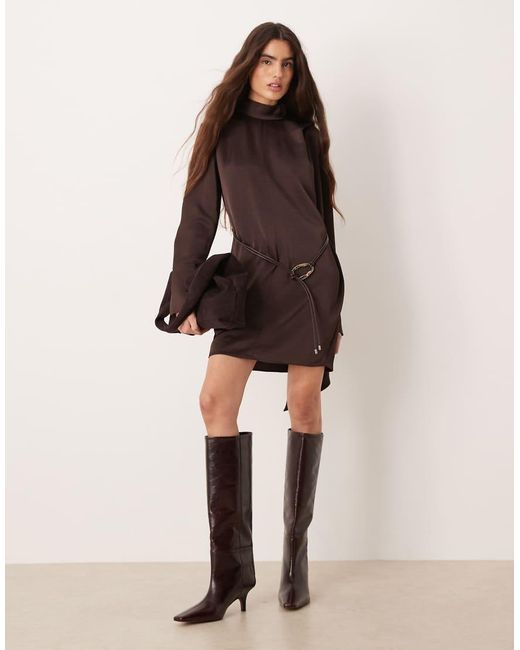 Mango Natural Tie Neck Long Sleeve Mini Dress