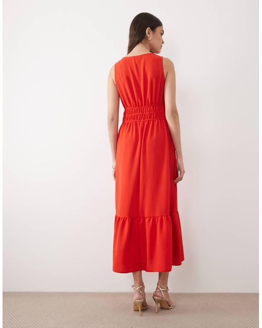 New Look Red V Neck Ruched Waist Midi Dress