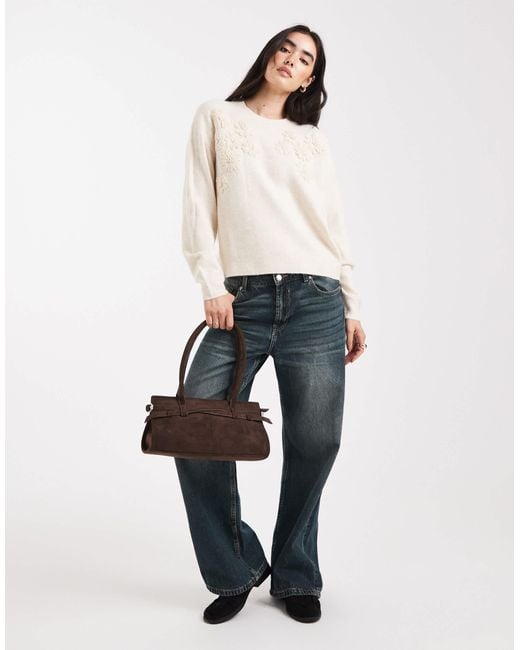 Brave Soul Natural Crew Neck Jumper With Flower Embroidered Detail