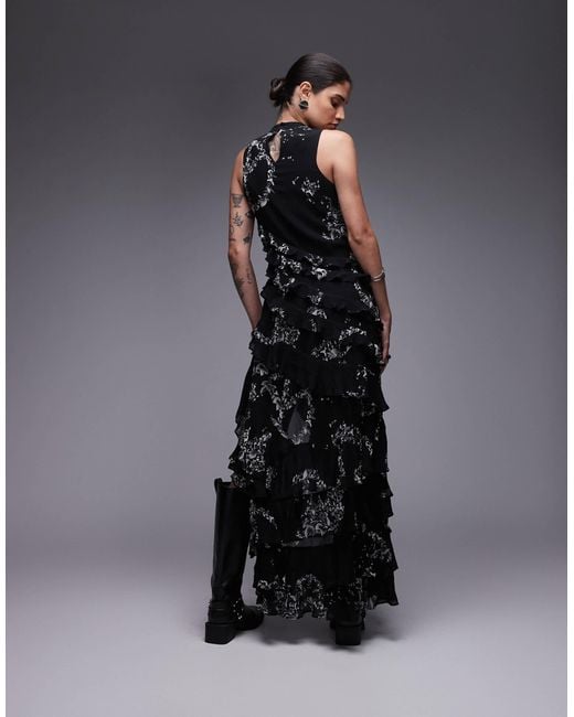 Robe imprimée à volants en cady AllSaints en coloris Black