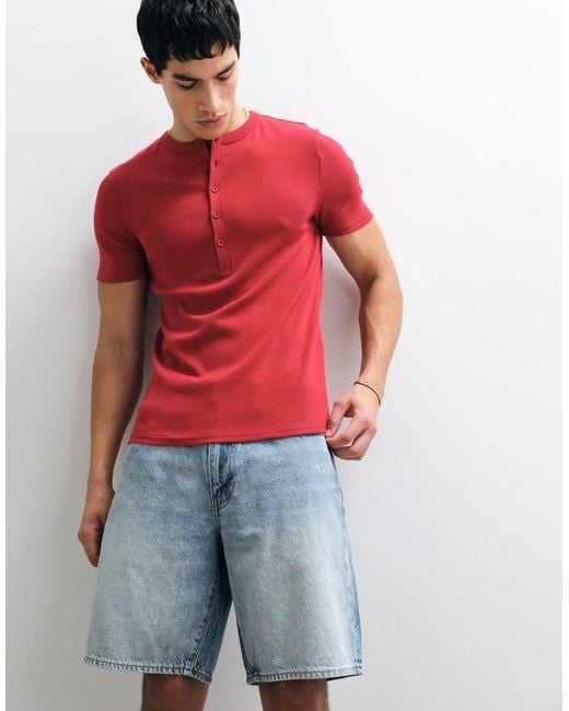 ASOS Red Muscle Fit T-shirt With Henley Neck for men