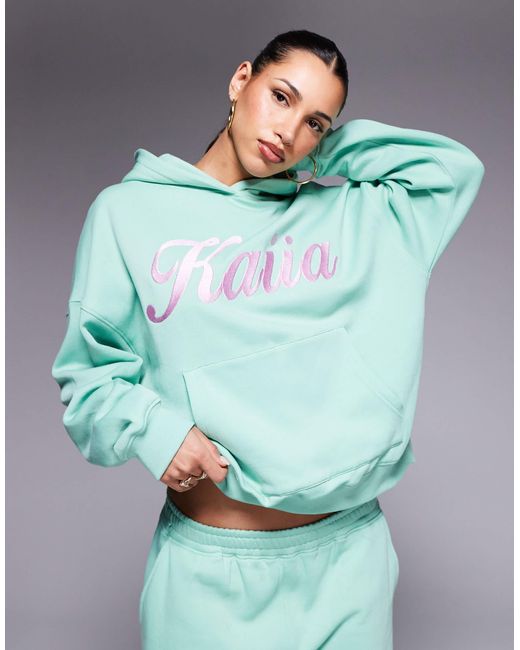 Kaiia Green Embroidered Swirl Logo Oversized Hoodie Co-ord
