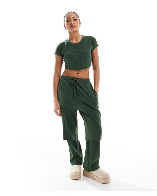 Brave Soul Green Ribbed Cropped T-shirt And Wide Leg Trouser Lounge Set