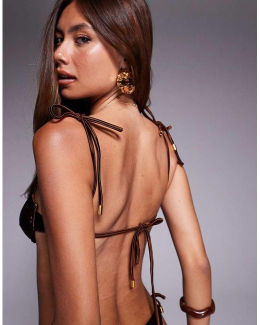 SIMMI Brown Rayos Satin Ruched Bikini Top