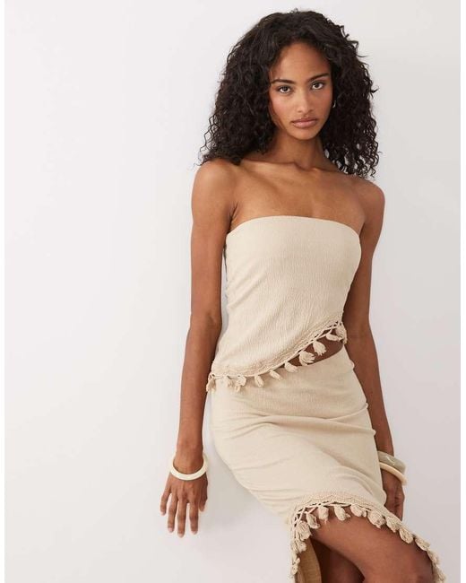 ASOS Natural Co-ord Crinkle Texture Tassel Fringe Asymmetric Bandeau