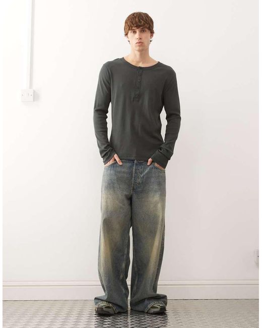 Weekday Gray Henley Long Sleeve Top for men
