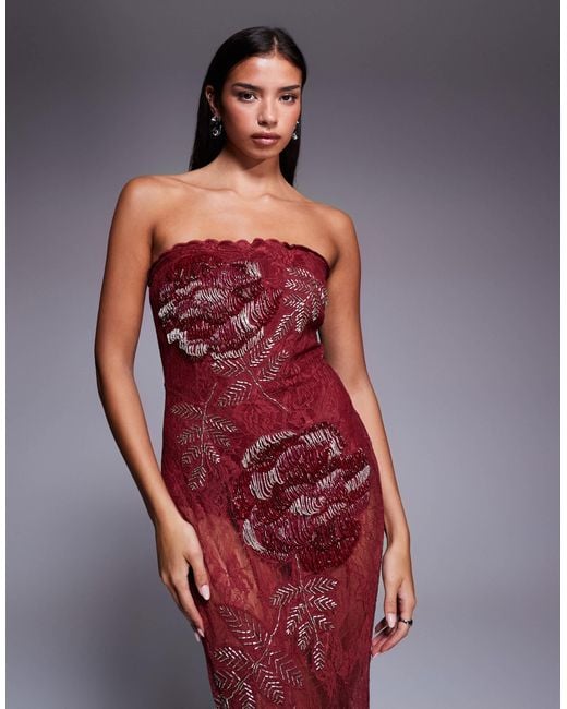 ASOS Red Bandeau Lace Embellished Maxi Dress With Corset Detailing And Fishtail Skirt