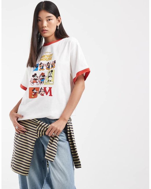 ASOS White Disney Oversized Slub Ringer T-Shirt With Mickey Mouse Chart Print