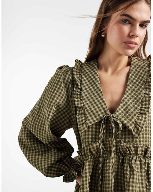 Daisy Street Green Long Sleeve Mini Smock Dress With Ruffles