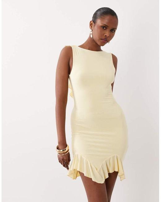 Kaiia Natural Exclusive Slinky High Neck Ruffle Hem Open Back Mini Dress