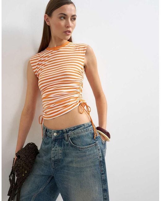 TOPSHOP Brown Stripe Ruched Drawcord Tank