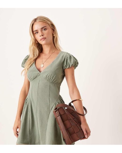 ASOS Brown Asos Design Petite Cord Corset Waist Mini Dress With Puff Sleeve