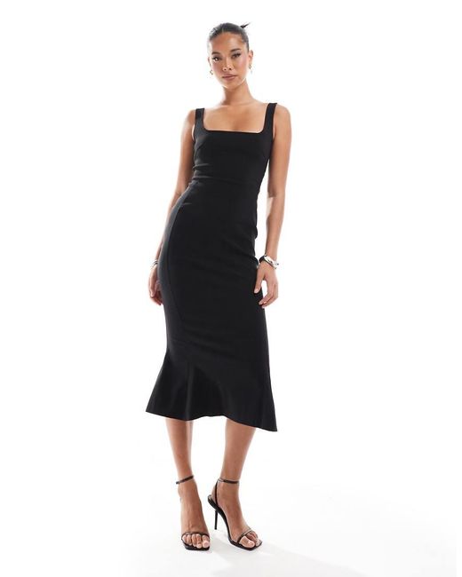 Vesper Black Bengaline Sleeveless Square Neck Fishtail Midi Dress