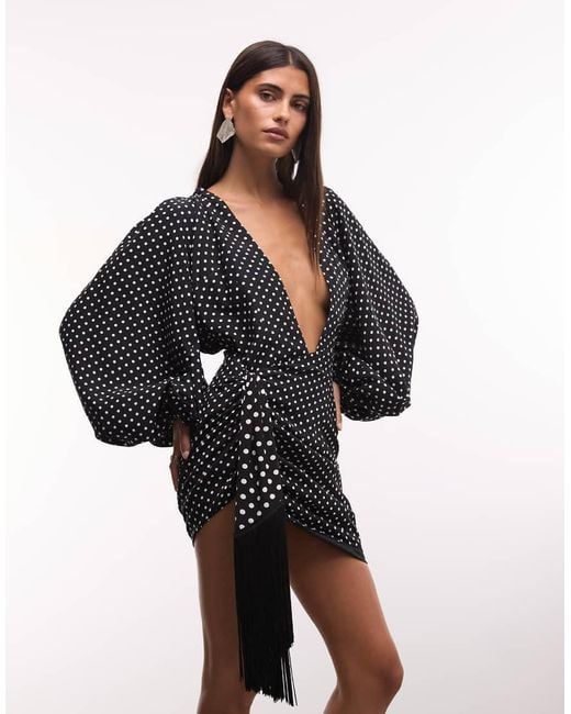 The Dolls House Black Beaudelle Premium Plunge Neck Balloon Sleeve Drape Tassel Detail Mini Dress