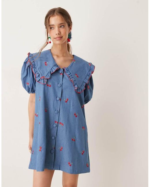 Sister Jane Blue Cherry Embellished Oversized Collar Mini Dress Co-ord