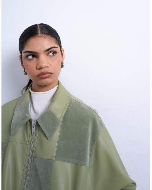 TOPSHOP Green Faux Suede Patchwork Zip Through Jacket