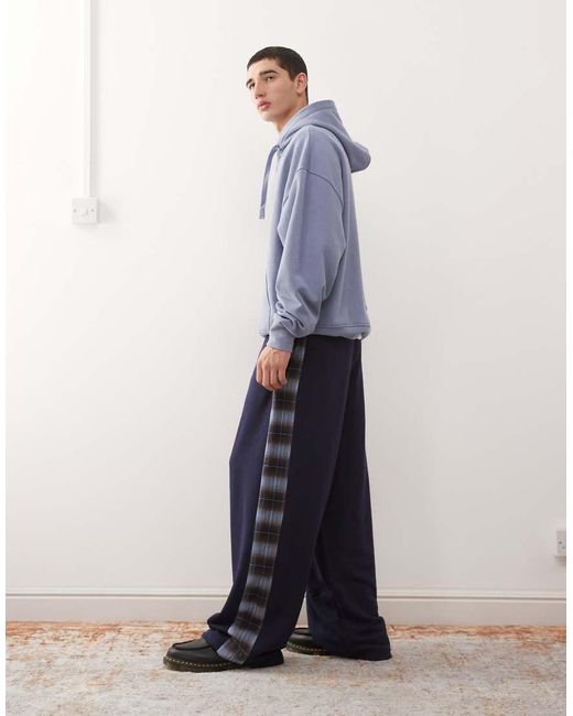 Reclaimed (vintage) Joggingbroek Met Wijde Pijpen En Geruite Streep Aan De Zijkant in het Blue voor heren