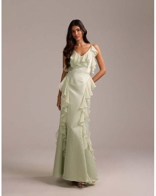 ASOS Natural Bridesmaids Satin Chiffon Ruffle Maxi Dress With Godet Skirt