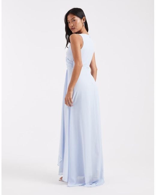 TFNC London Blue Bridesmaid Chiffon Wrap Top Draped Maxi Dress