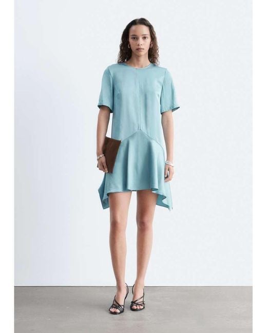 & Other Stories Blue Drop Waist Satin Mini Dress With Hanky Hem