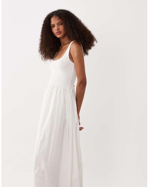 ASOS White Scoop Neck Midi Dress With Ribbed Bodice And Poplin Skirt