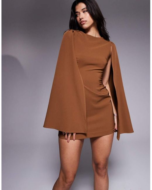 TFNC London Brown Crepe Mini Dress With Cape Shoulders