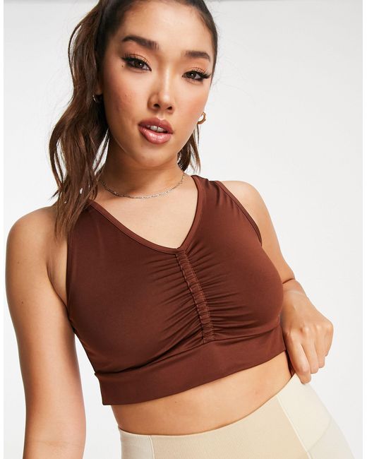 Threadbare Brown Fitness Ruched Front Gym Crop Top
