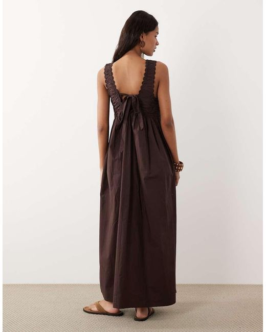 ASOS Brown V Neck Scalloped Maxi Dress With Back Tie