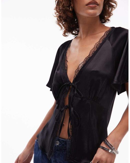 Reclaimed Vintage Blue Tie Front Top With Lace Trims