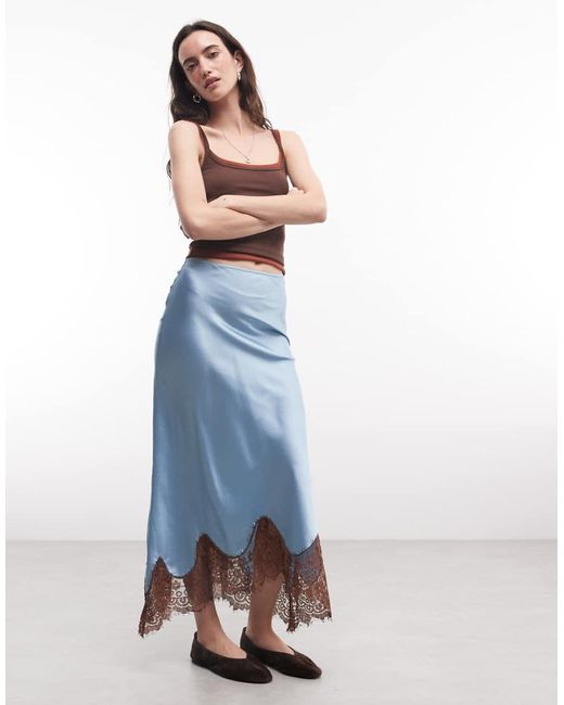 Reclaimed Vintage Blue Asymmetric Skirt With Lace