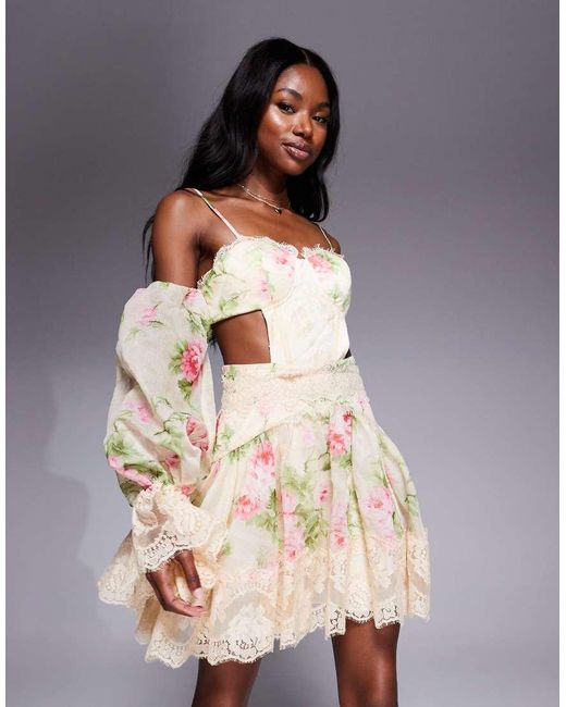 ASOS Yellow Printed Skater Mini Dress With Lace Cut Out