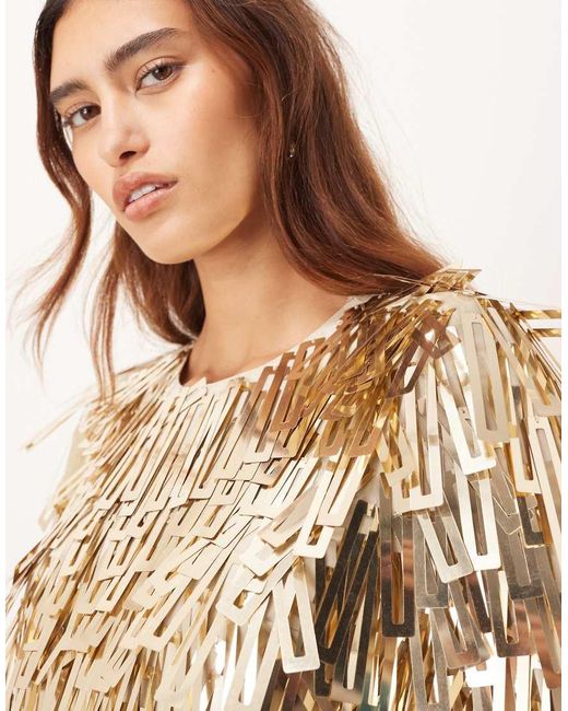 ARRANGE Natural Embellished Shard Sequin Long Sleeve Mini Dress