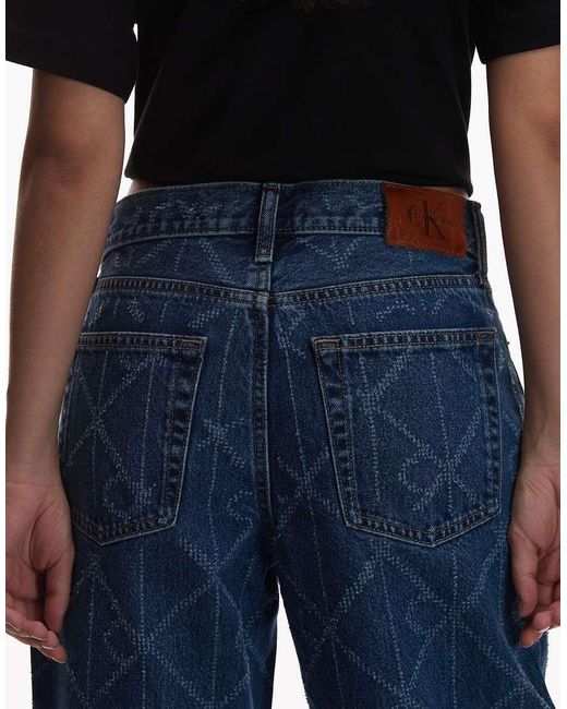 Calvin Klein Blue Laser Cut Repeat Logo Low Rise baggy Jeans