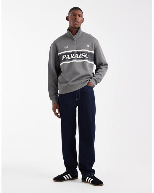 ASOS Gray Relaxed Fit Quarter Zip Ribbed Sweatshirt With Sporty Print for men