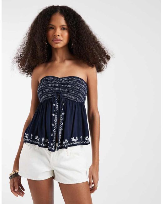 Hollister Blue Babydoll Bandeau Top Wtih Embroidered Hem