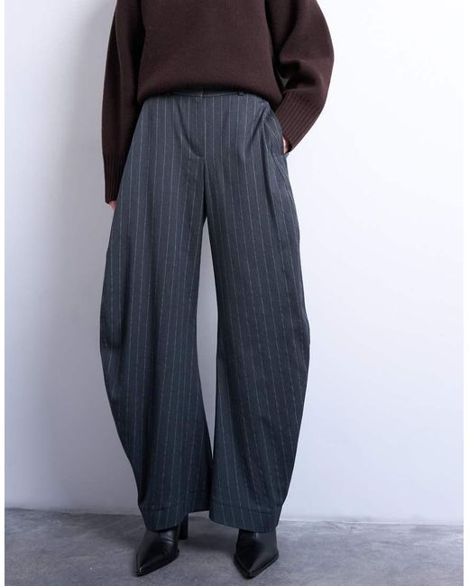 TOPSHOP Blue Tailored Stripe Barrel Leg Pants
