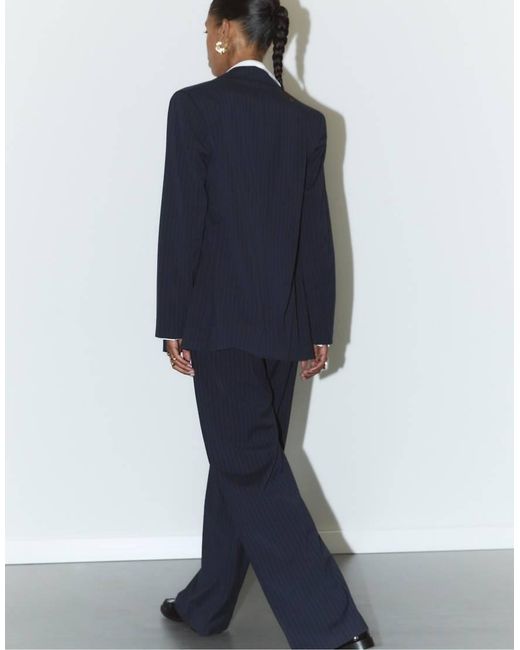 Stradivarius Blue Casual Striped Smart Trousers With Crossover Waist