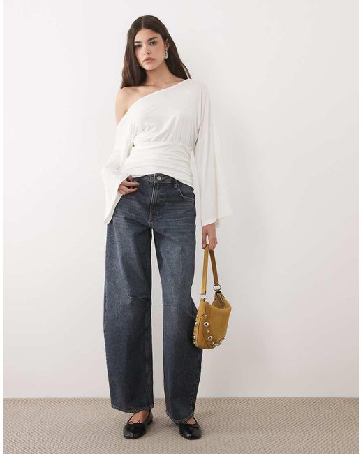 ASOS White Fallen Shoulder Cinched Waist Top
