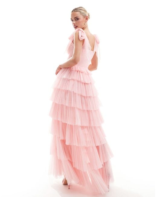 LACE & BEADS Pink Bow Shoulder Tiered Maxi Dress