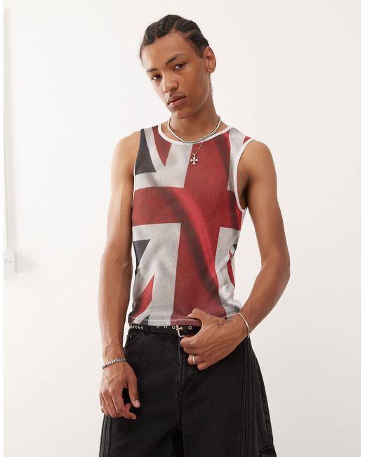 Collusion Red Mesh Festival Vest With Union Jack Print for men