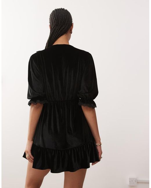 Reclaimed Vintage Black Velvet Collared Mini Dress With Lace Inserts