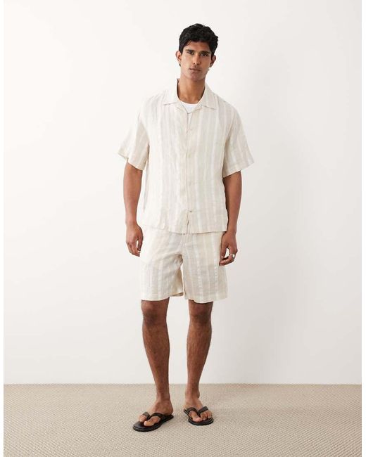 Mango White Linen Blend Short Sleeve Striped Shirt for men