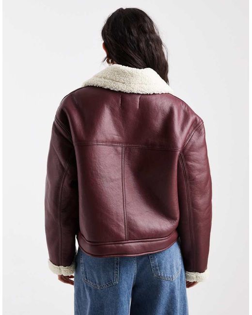 Pieces Red Leather Look And Borg Mix Short Jacket