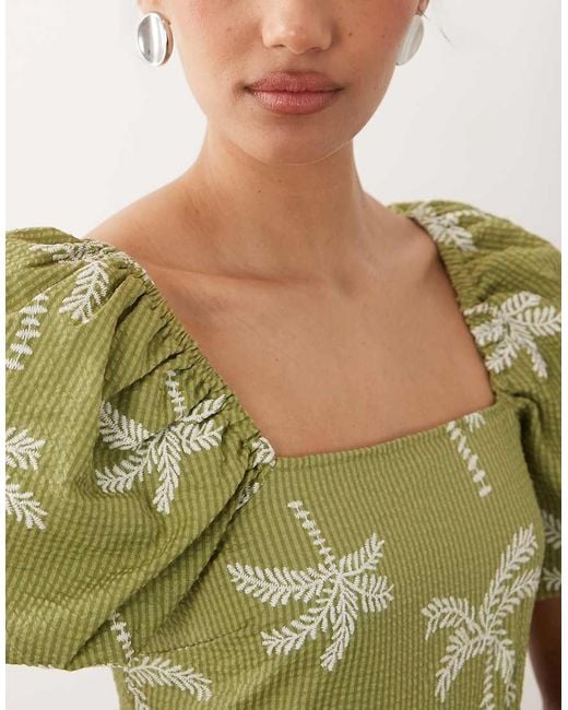 New Look Green Palm Print Puff Sleeve Seersucker Midi Dress