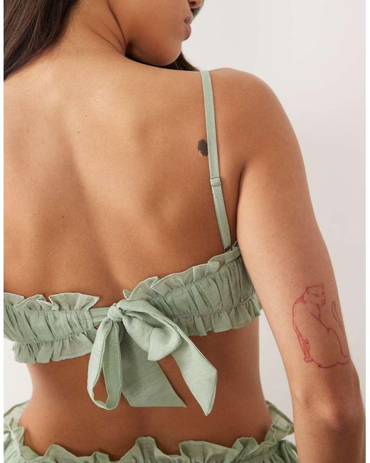 Wanderdoll Green Soulie Linen Look Ruched Tie Back Bralette Crop Top Co-ord