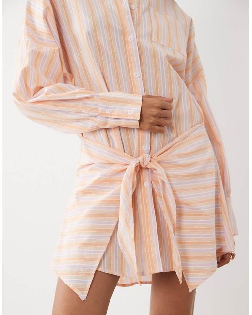 Noughts & Kisses Blue Pinstripe Wrap Waist Shirt Mini Dress