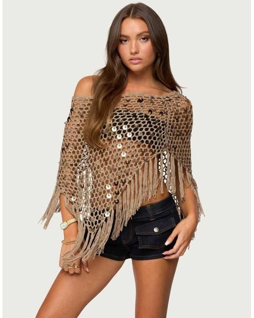 Edikted Brown Fringe Sequin Crochet Poncho