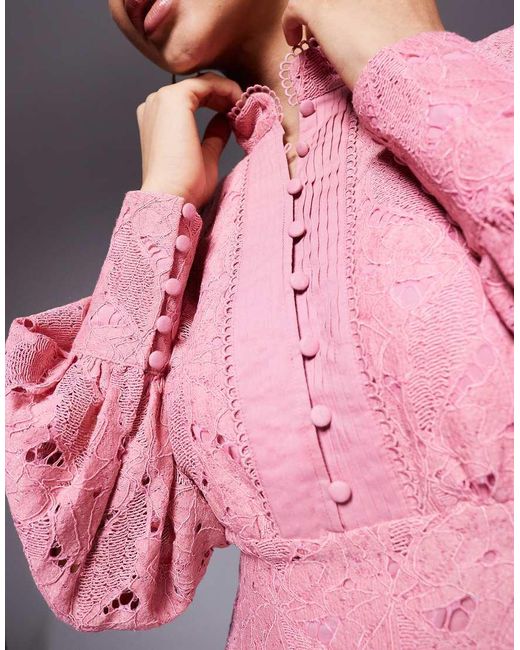 Bardot Pink Lace High Neck Blouson Button-detail Peplum Hem Mini Dress