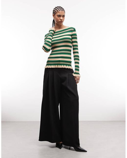 & Other Stories Green Long Sleeve Lightweight Knitted Top With Frill Edge